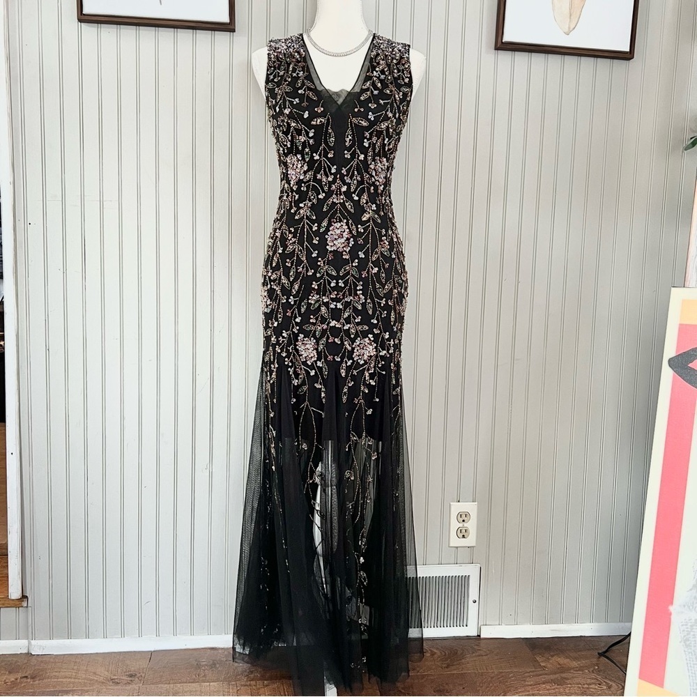 Adrianna Papell Black Beaded Column Dress with Tulle